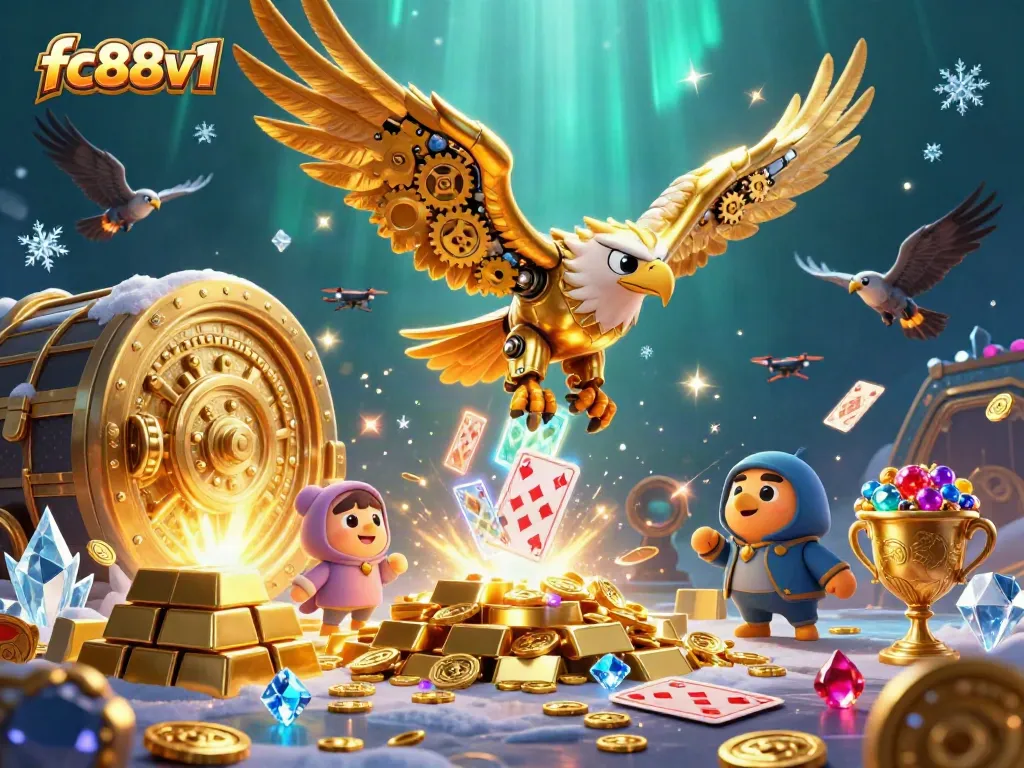 Experience thrilling fun at fc88v1 with a cybernetic eagle soaring through holographic cards amidst dazzling riches.