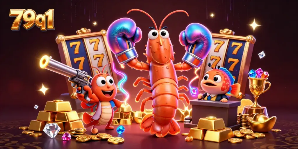 Experience thrilling action with 79q1 in a dynamic casino scene featuring vibrant characters amidst slot machines and treasures.