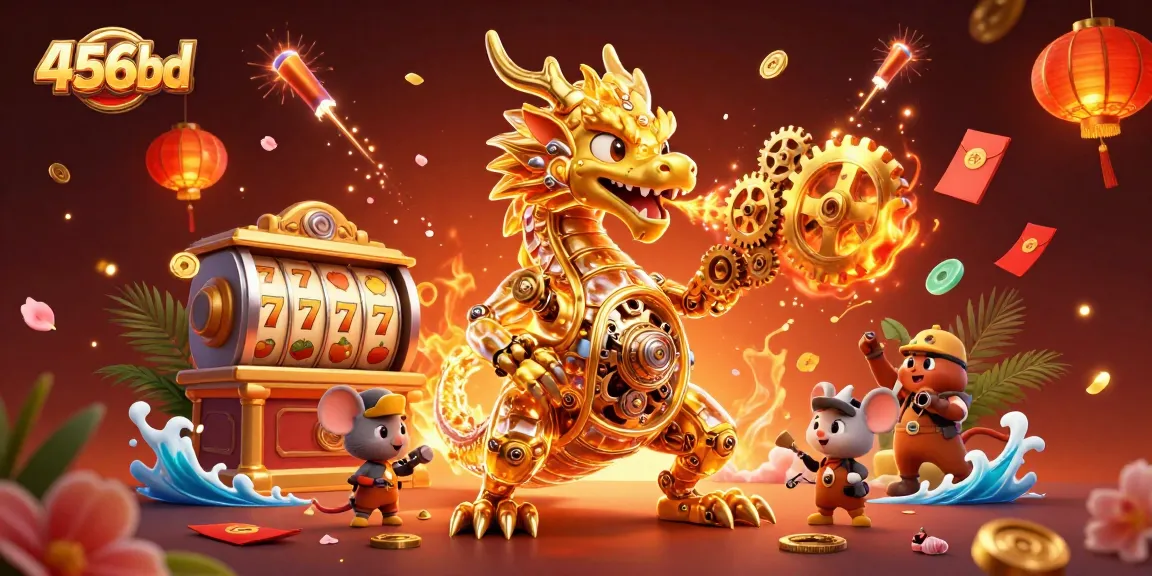 Engage with 456bd's vibrant casino world featuring a golden dragon and lucky slot reels.