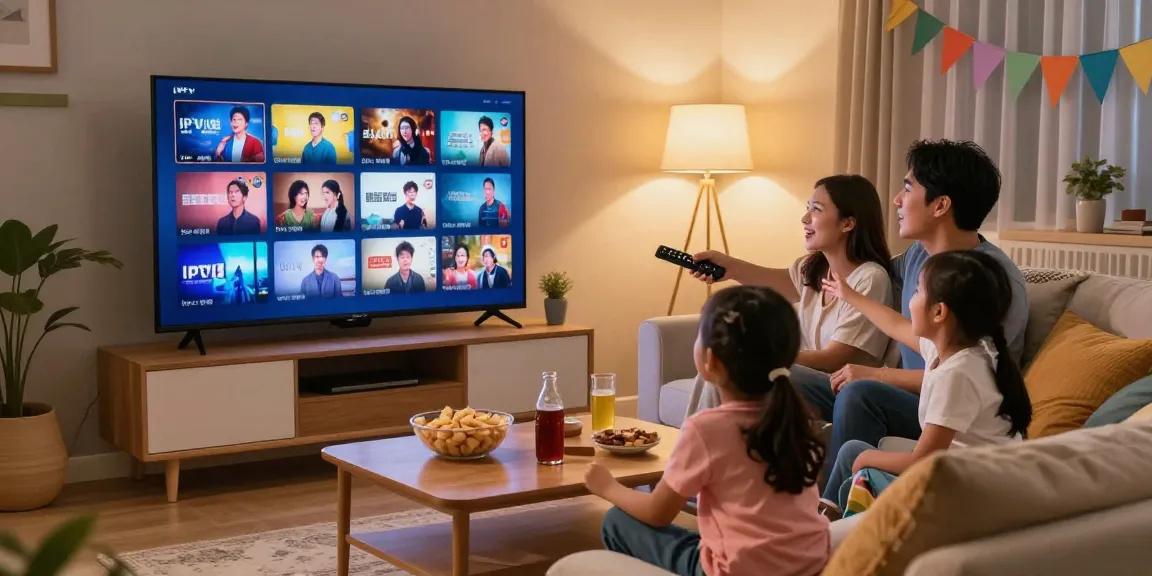Família assistindo IPTV em sala de estar aconchegante durante noite de cinema