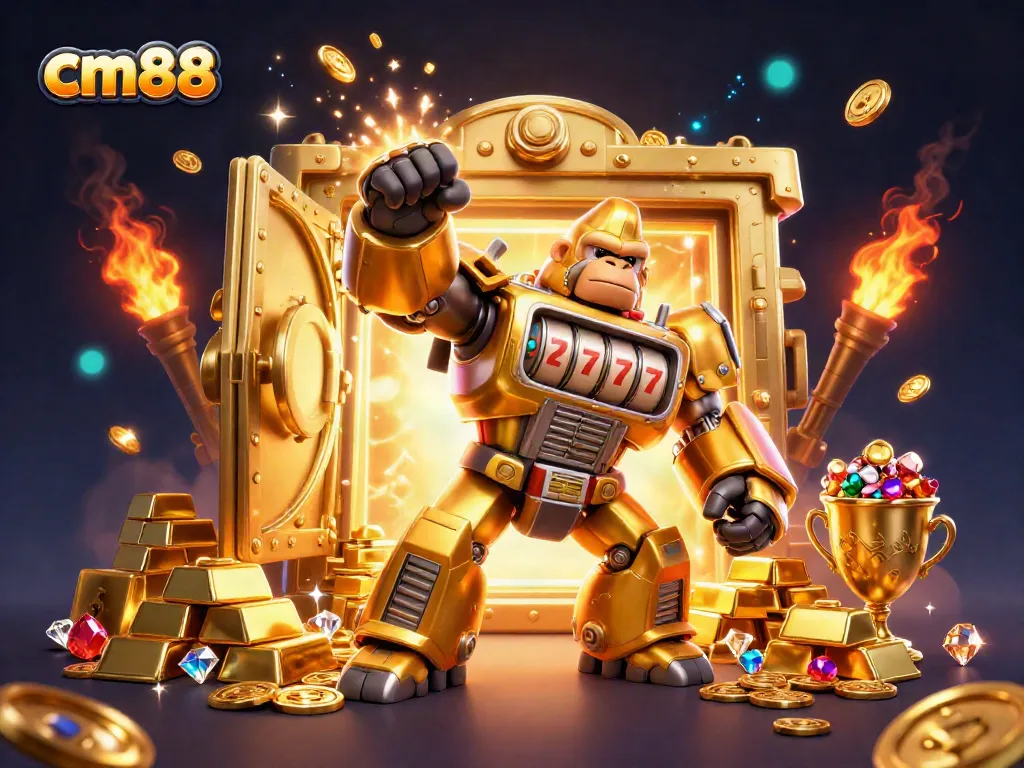 Experience thrilling gameplay with cm88's golden gorilla mech character in a dazzling treasure-filled casino.