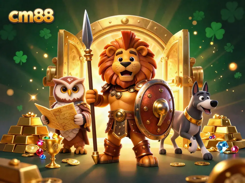 Experience the thrill of cm88 with a dynamic illustration showcasing a heroic lion, tactical owl, and swift greyhound amidst treasure and casino elements.