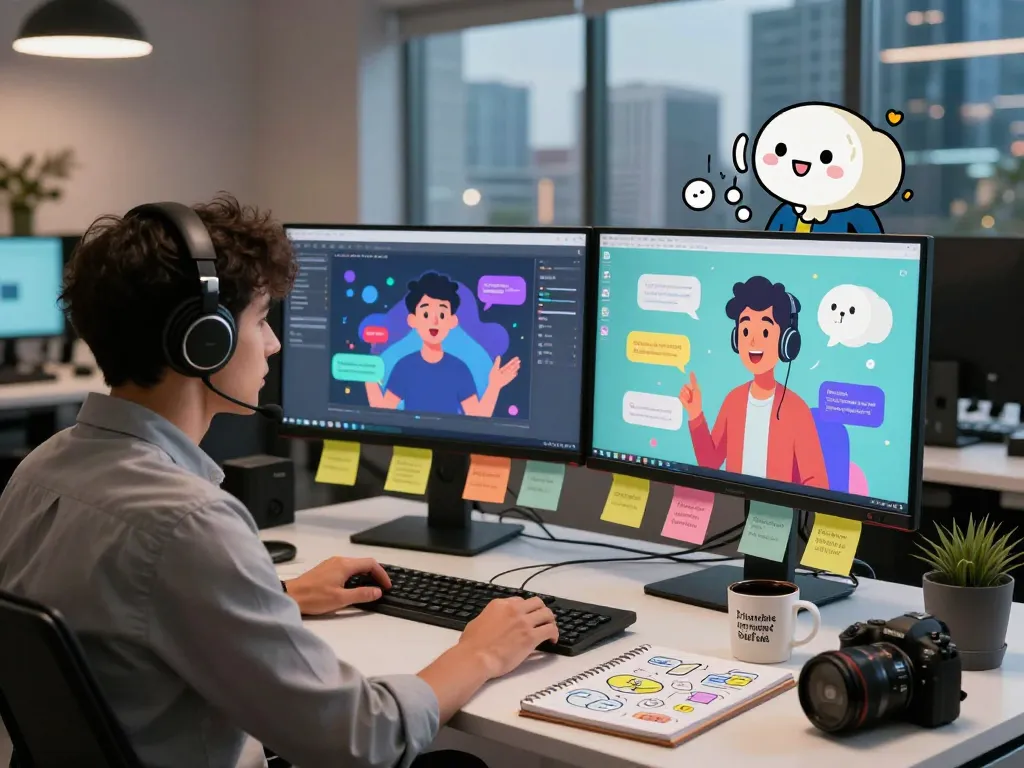 Engaging scene of a user interacting with crush on AI characters in a modern tech workspace, showcasing dual monitors and vibrant UI elements.