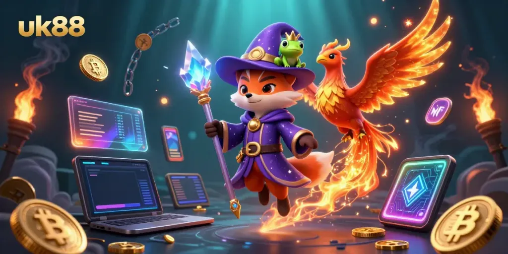 Experience thrilling wins at uk88 with mystical characters navigating vibrant casino elements.