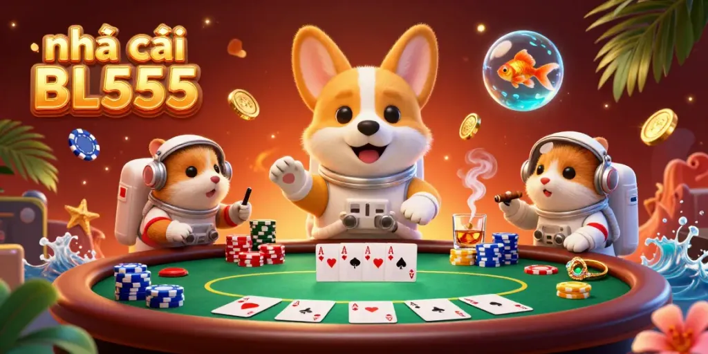 Experience the thrill of poker at nhà cái BL555 with a cosmic twist featuring animated characters in a vibrant casino.