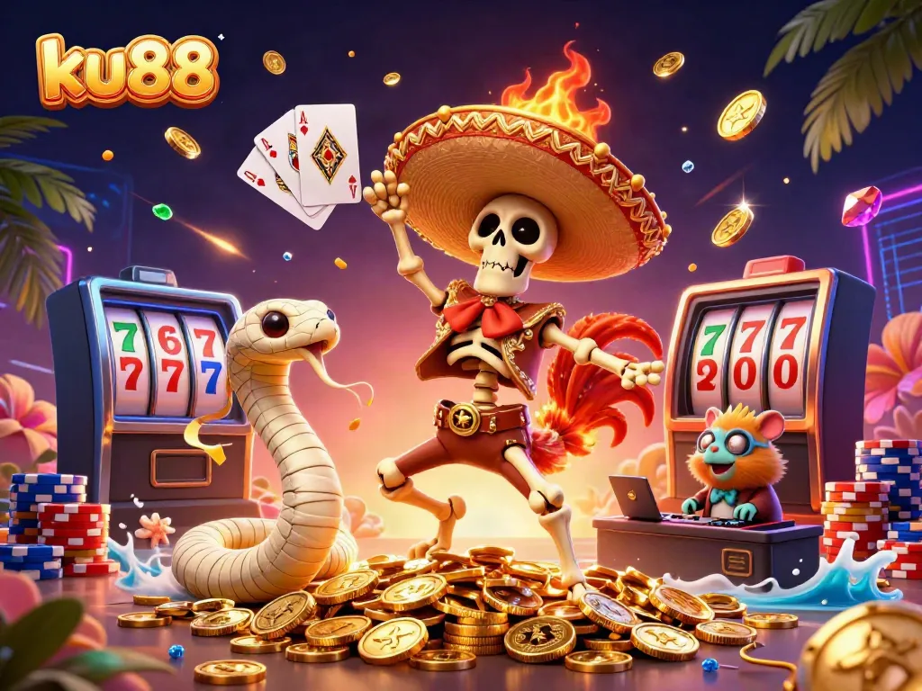 ku88 celebrates wins with a vibrant 3D scene featuring a dancing skeleton mariachi, mummy snake, and DJ hamster