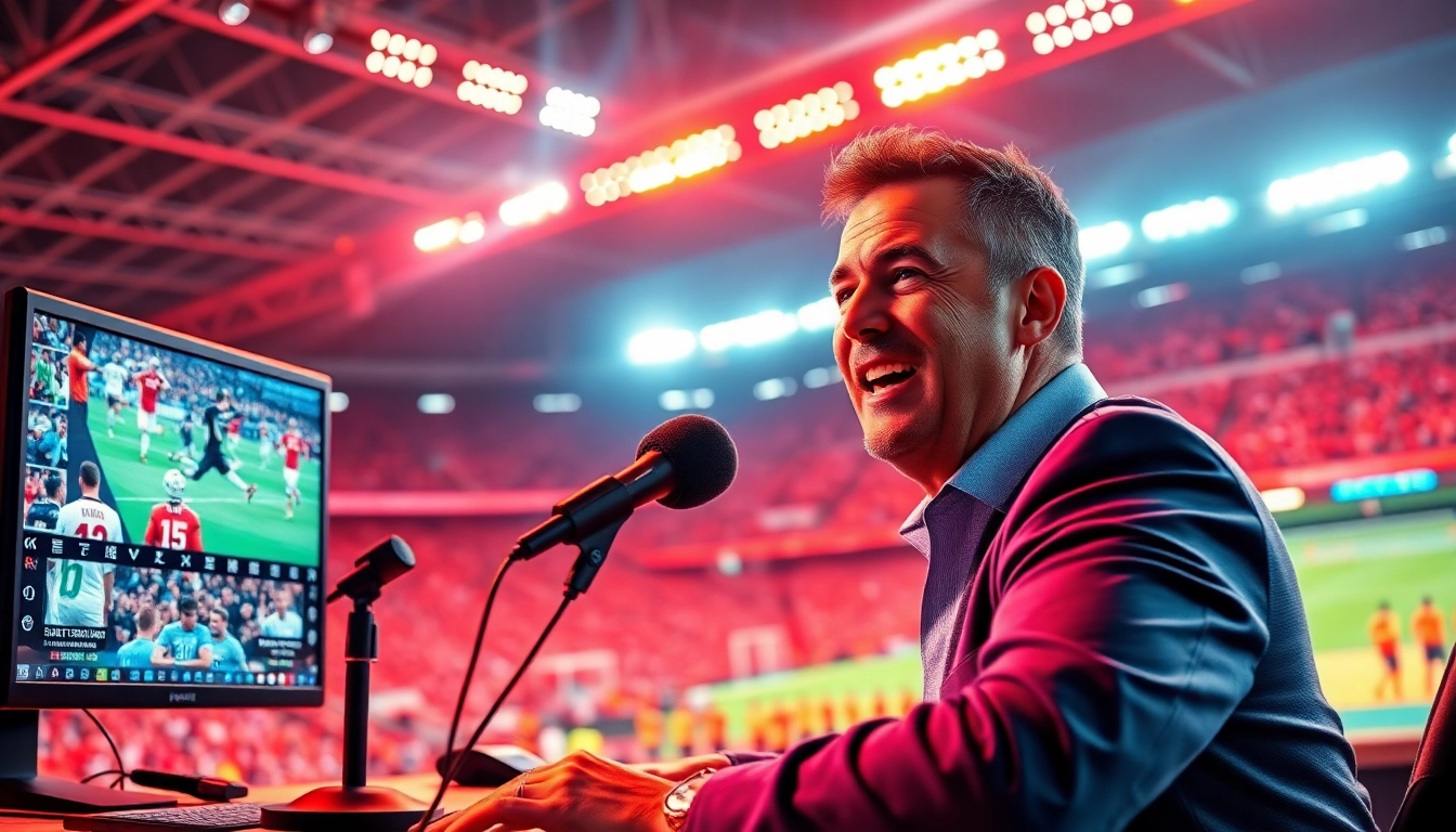 Sports broadcasting commentator passionately analyzing a live sporting event in a busy stadium.