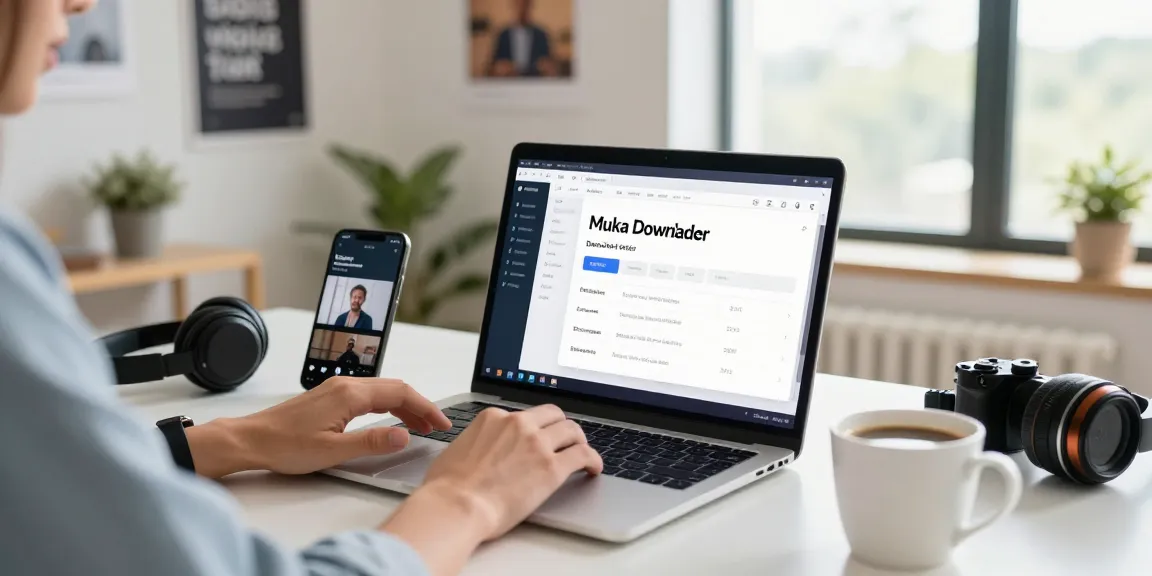 Baixar vídeos sem marca d'água usando o Muka Downloader em um escritório moderno.