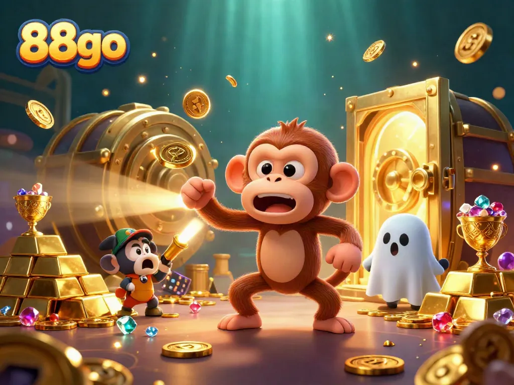 Join the whimsical chaos of the 88go casino as a playful poltergeist monkey juggles treasures in a haunted setting.