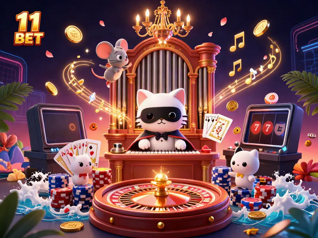 Engage with 11 BET’s vibrant casino illustration showcasing a whimsical cat at a grand pipe organ.