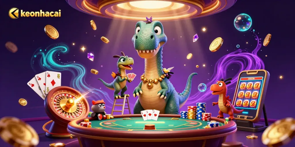 Experience keonhacai's dynamic gaming scene with a giant brontosaurus at an energetic casino.