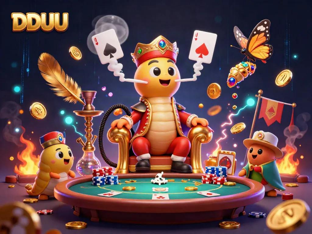 Engage with DDUU in this vibrant casino scene featuring a caterpillar poker master.