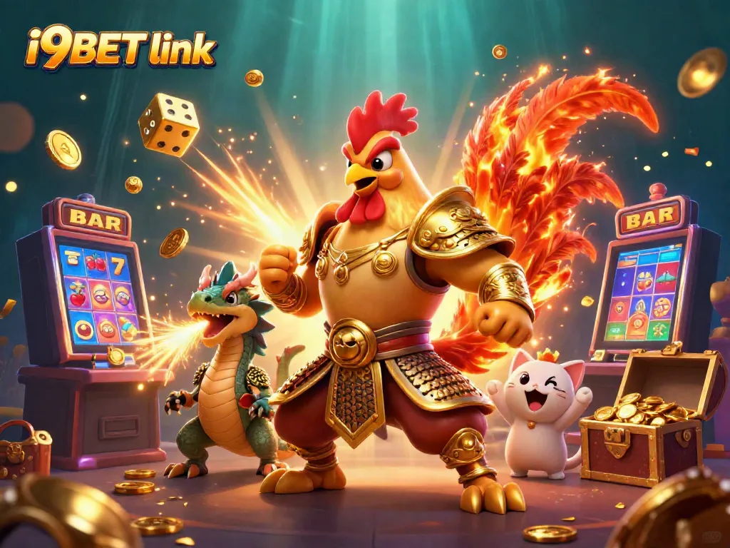 Exciting i9BET link illustration featuring a cartoon rooster warrior and dragon amidst a jackpot explosion.