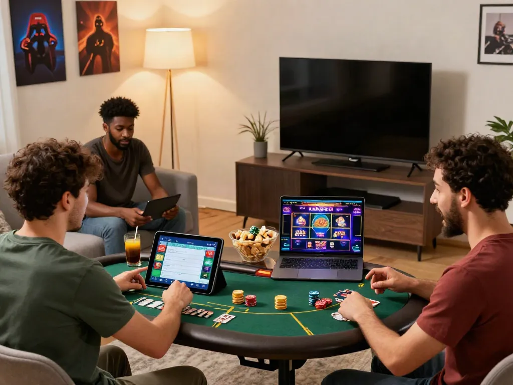 Players engaged with the NBET platform showcasing diverse gaming experiences in a lively home setting.