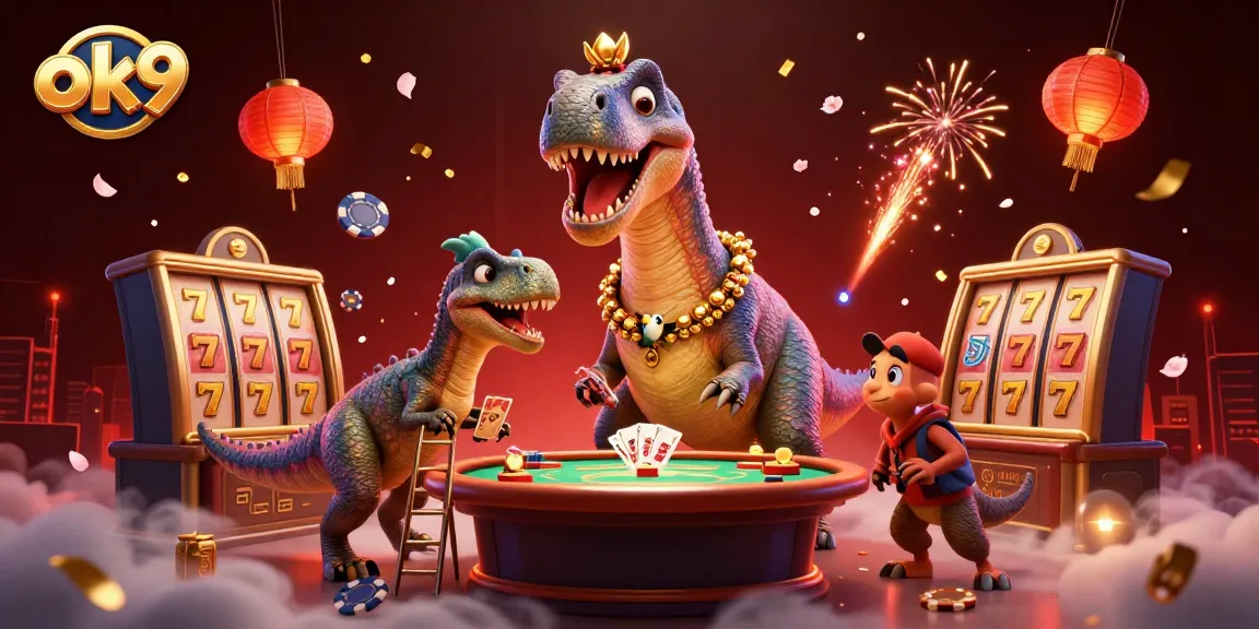 Engage with exciting casino action at ok9 featuring colorful slots, lively characters, and festive decorations.