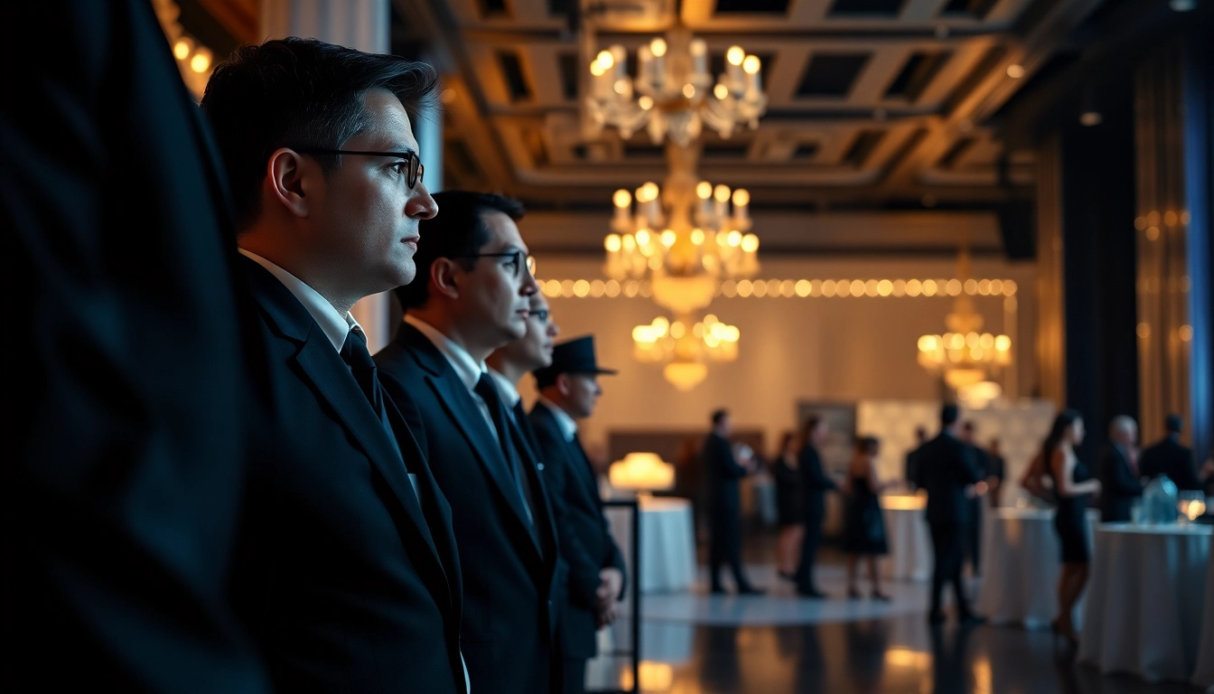 Event Security professionals monitoring an upscale event, ensuring safety and vigilance.