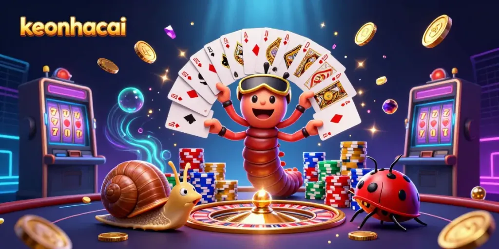 Engage with keonhacai as a cartoon millipede dealer showcases vibrant casino action with colorful gaming elements.
