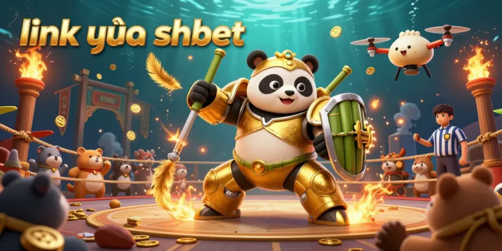 Engage in thrilling action with the golden panda as it pilots a unique robot, showcasing the vibrant link vào shbet experience in a mesmerizing arena.