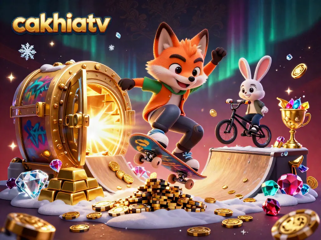CakhiaTV's dynamic skateboarding fox and BMX-riding rabbit celebrate casino wins in a lively gambling scene.