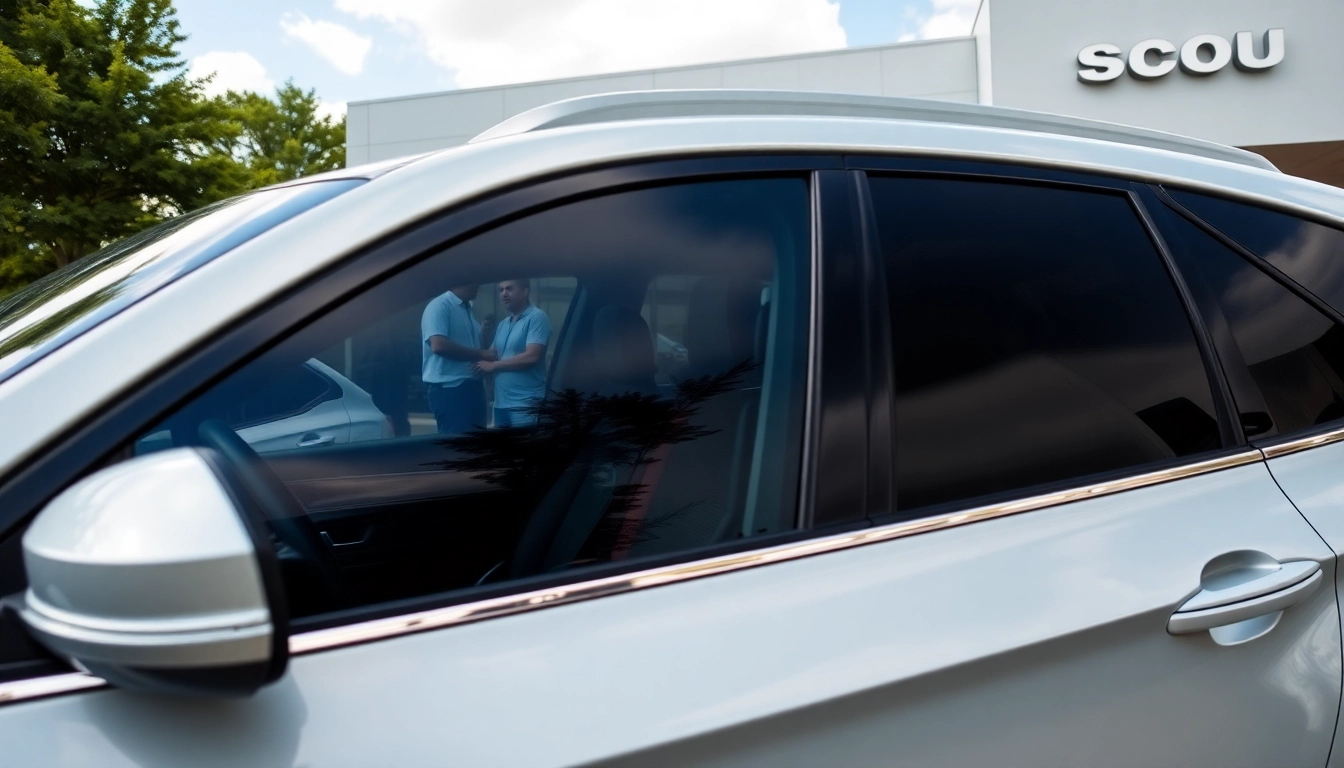 Discover top-quality window tint near me with a sleek car showcasing dark tinted windows in a vibrant setting.