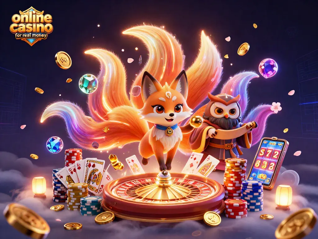 Experience an enchanting scene with a nine-tailed fox spirit and an owl sage, promoting the online casino for real money.