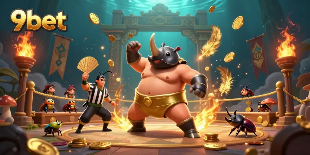 Experience the excitement of 9bet with a dynamic 3D illustration showcasing a sumo champion beetle and cricket referee amidst a vibrant casino atmosphere.