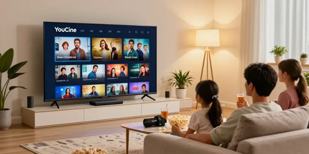 Família assistindo a YouCine TV Box em sala de estar aconchegante.