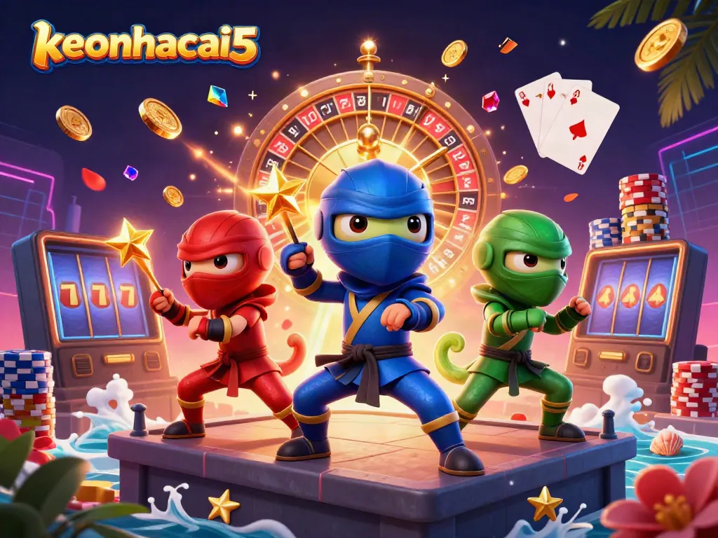 Experience the excitement of keonhacai5 with chameleons engaging in thrilling martial arts amidst cascading coins and magical casino elements.