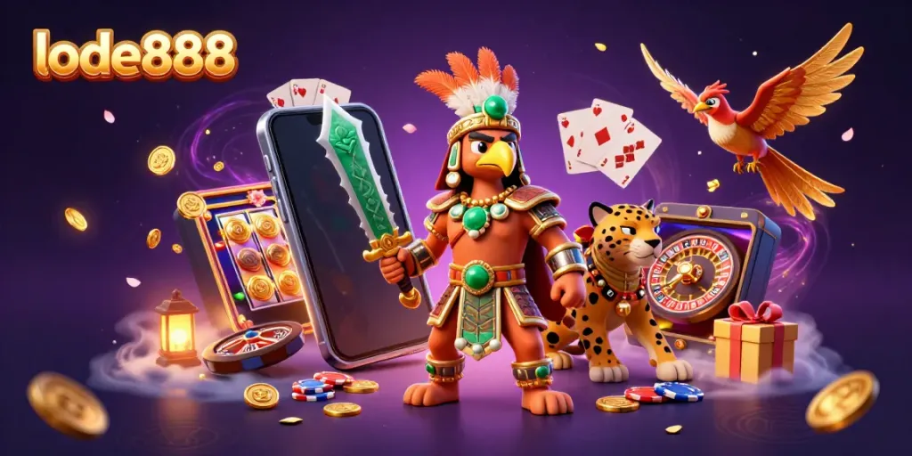 Engage with thrilling slots at lode888 as Aztec warriors celebrate amidst golden treasures and vibrant games.