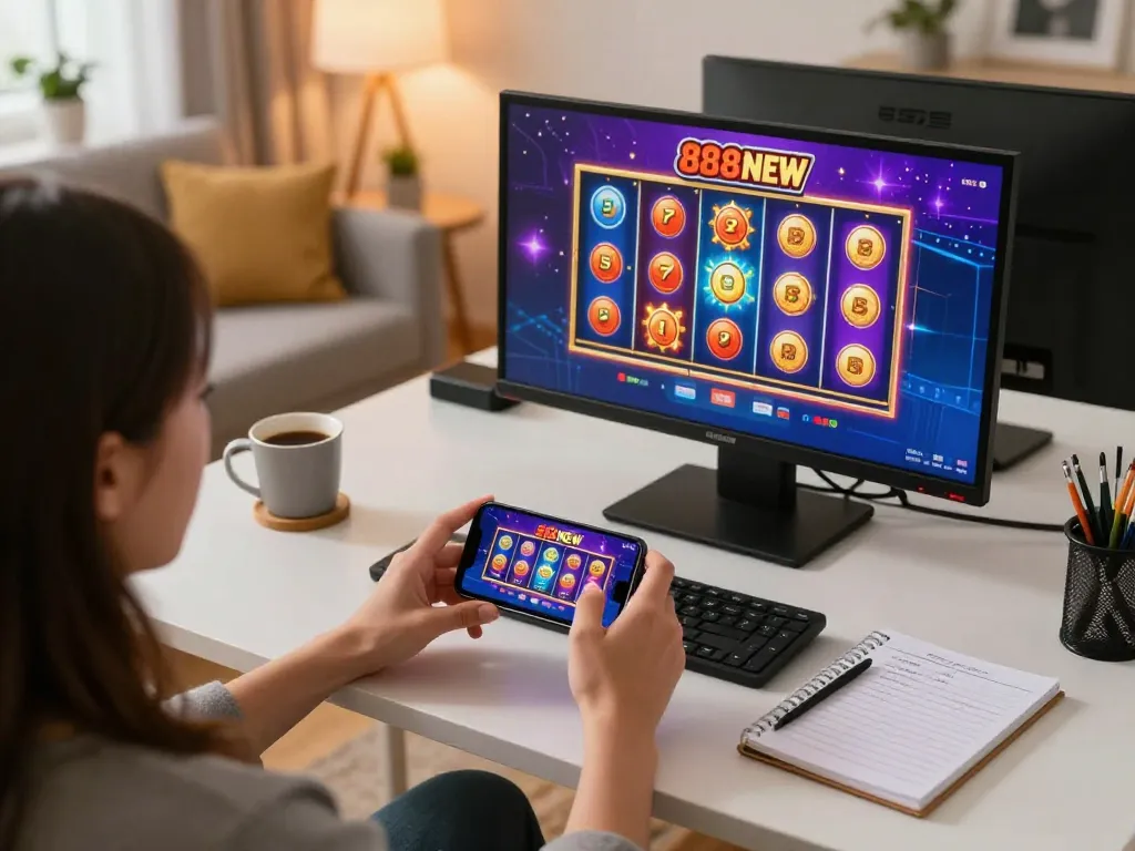 Engaging with the 888NEW casino app on a smartphone in a cozy home gaming setup.