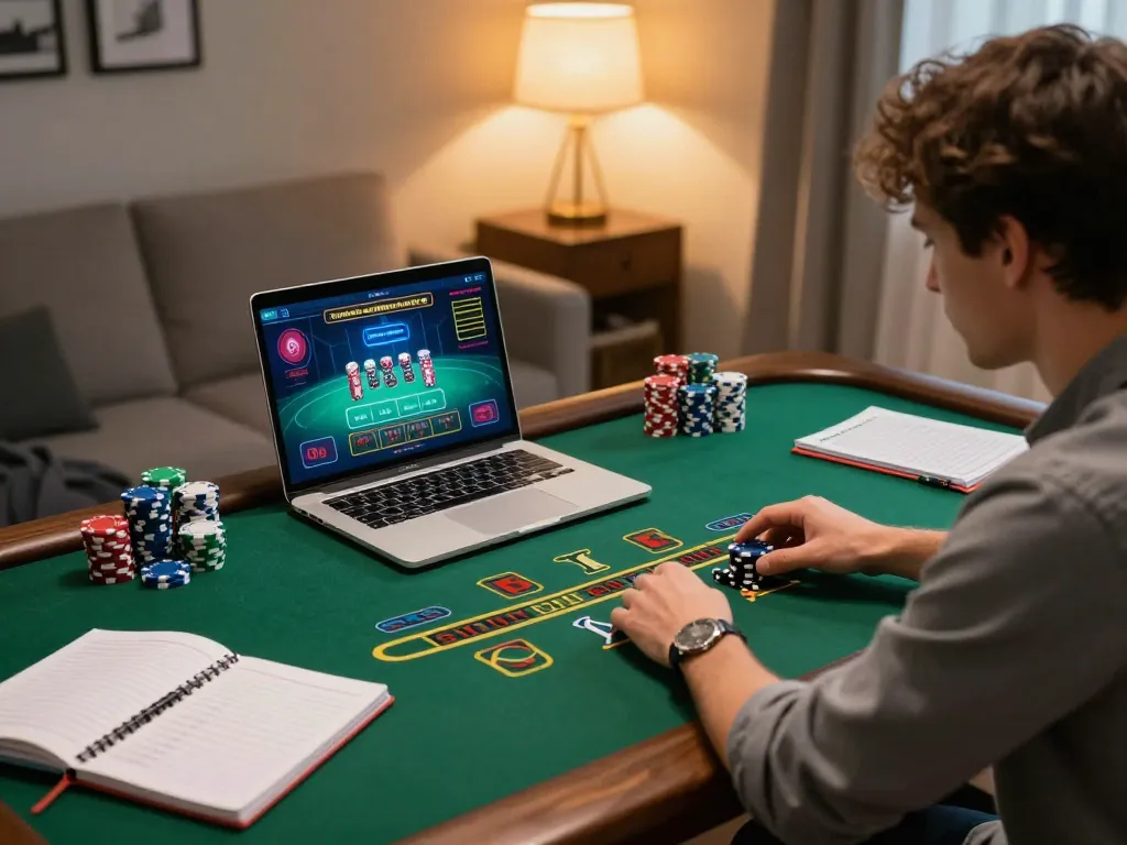 Person engaged in a live dealer blackjack game at home, showcasing strategy with 33CC chips and notes.