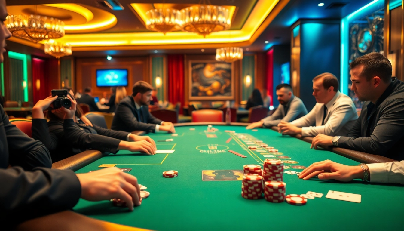 Vibrant casino poker scene showcasing meilleurs bonus de casino excitement at a lively table.