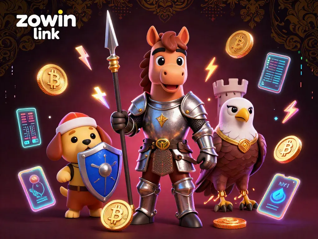Engage with the dynamic zowin link online casino, featuring a knight, puppy, and falcon amid glowing crypto elements.