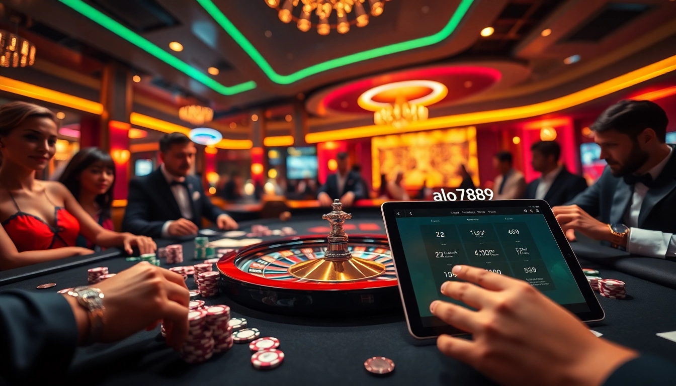 A thrilling casino scene with elegant players placing bets at an alo789 table, showcasing the excitement of online gambling.