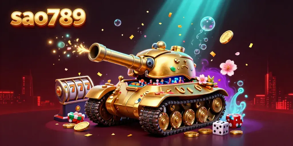 Experience the exciting gambling world of sao789 with a vibrant 3D casino scene, featuring a golden beetle tank and floating slot reels.