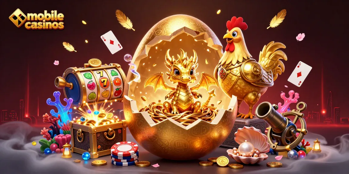 Experience thrilling mobile casinos with a golden dragon and poker chips in a vibrant, dynamic scene.