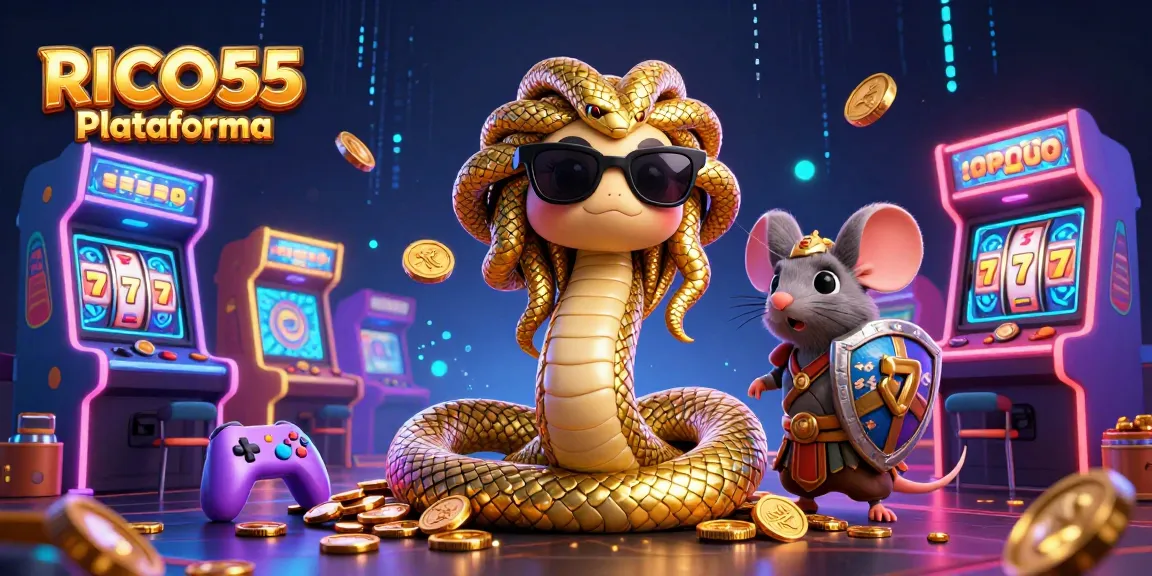 Play exciting games on RICO55 Plataforma with friendly Medusa and a warrior mouse in a vibrant casino scene.