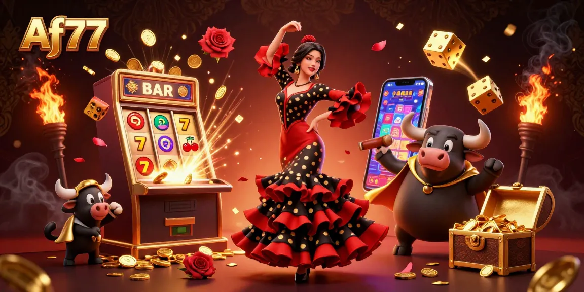 Spin for jackpots and thrill with Af77's vibrant casino adventure illustration.