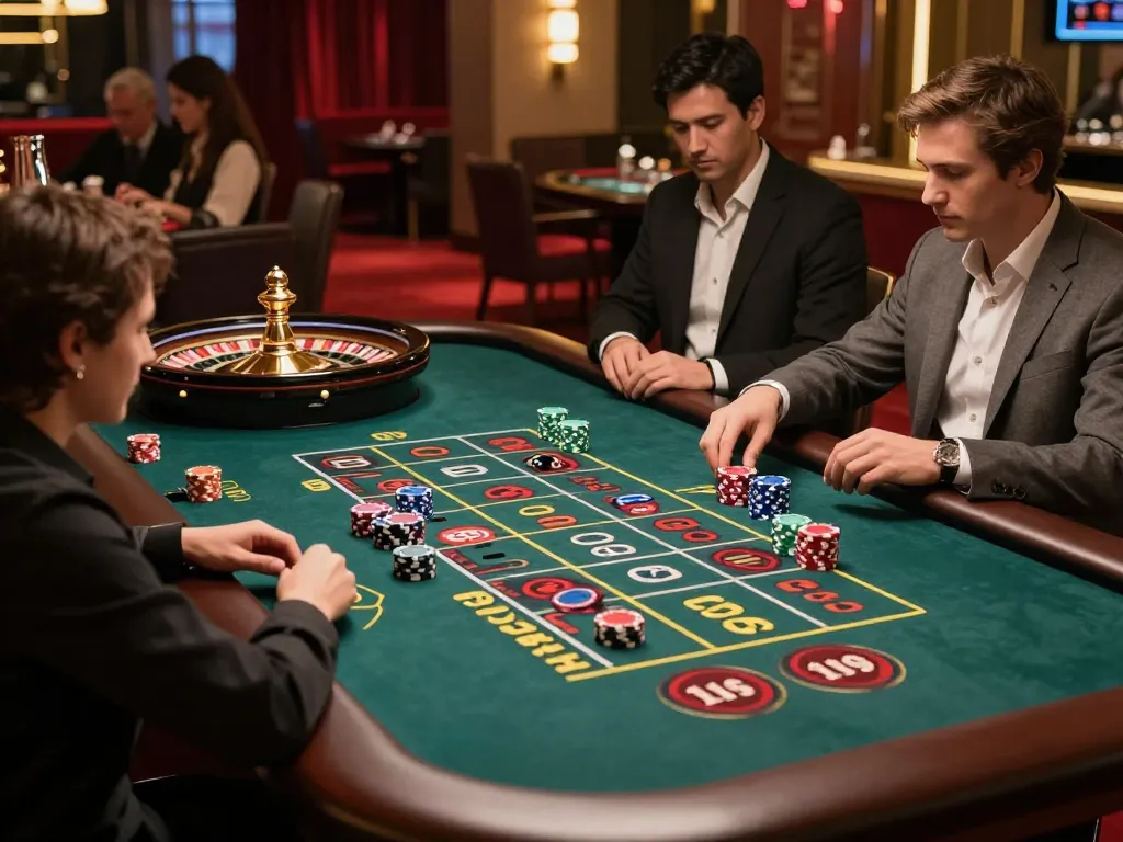 Jogadores da AAVIP fazendo apostas estrategicamente na mesa de roleta em um ambiente de cassino luxuoso.