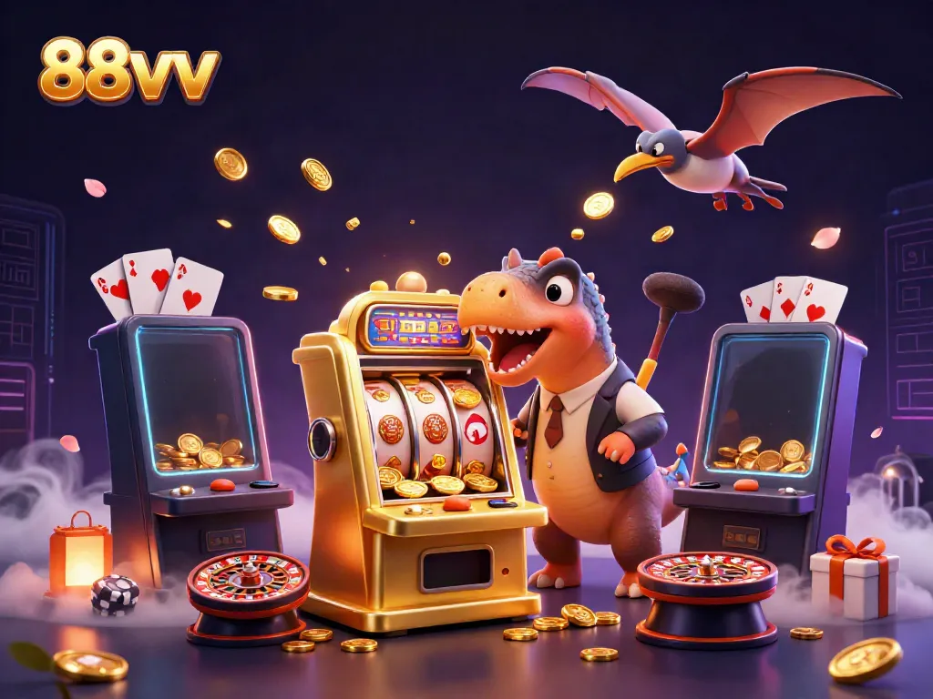 Experience the thrill of 88vvv as characters interact with a golden slot machine, celebrating jackpots and flying coins.