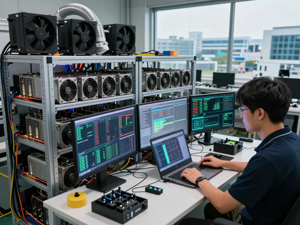 Otimize o desempenho de mineração com o firmware VNISH em uma instalação de alta tecnologia, mostrando técnicos gerenciando várias unidades Antminer.