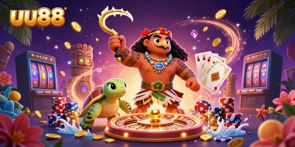 Experience the vibrant energy of uu88 with a 3D animated scene showcasing casino excitement.