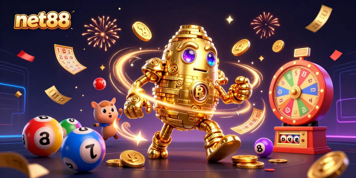 Engage with net88 in this vibrant casino scene featuring a golden golem amidst lottery balls and dynamic gaming elements.