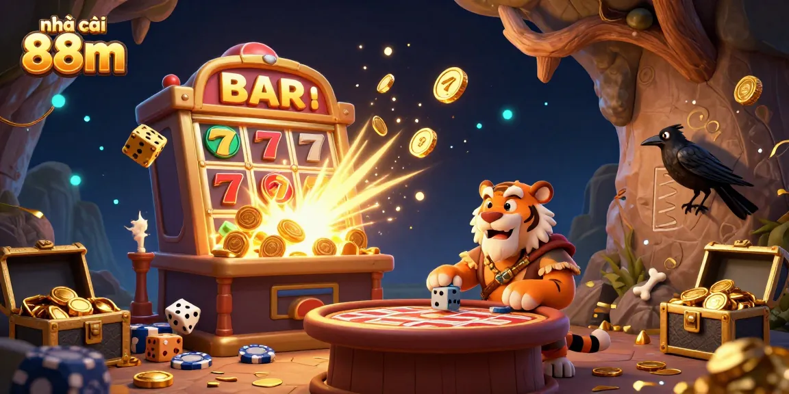 Experience the dynamic world of nhà cái 88m with a vibrant 3D casino scene featuring a caveman, a tiger, and a clever crow.