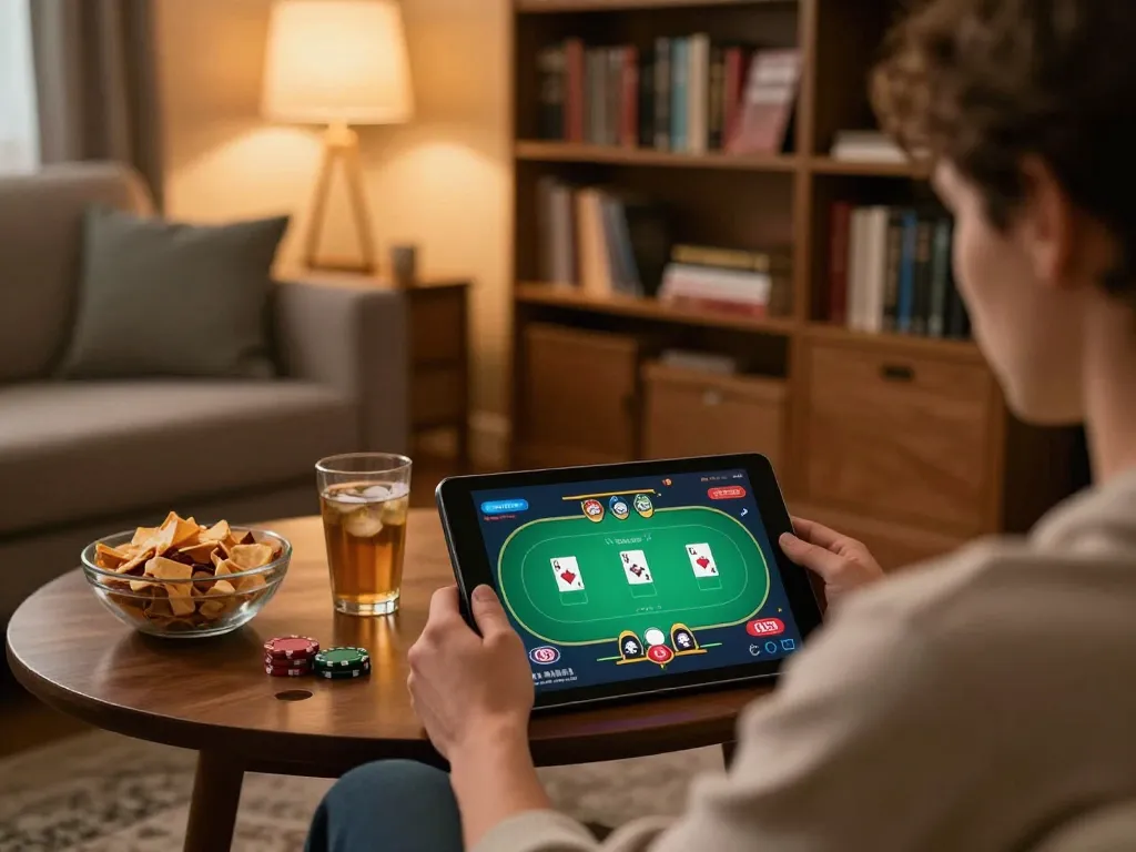 Person engaging with FIVE88's online poker game on a tablet in a cozy living room setting