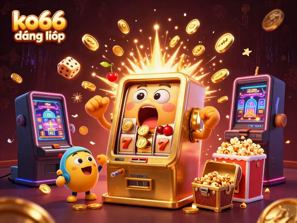 ko66 đăng nhập featuring a surprised golden slot machine hitting a jackpot as coins pour out, captivating casino scene