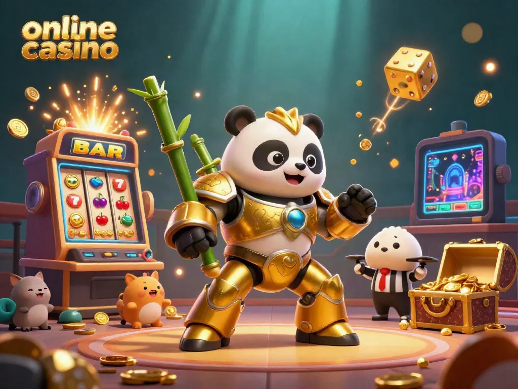 Experience the excitement of an online casino as a golden panda fights in a casino-themed arena filled with festive elements.