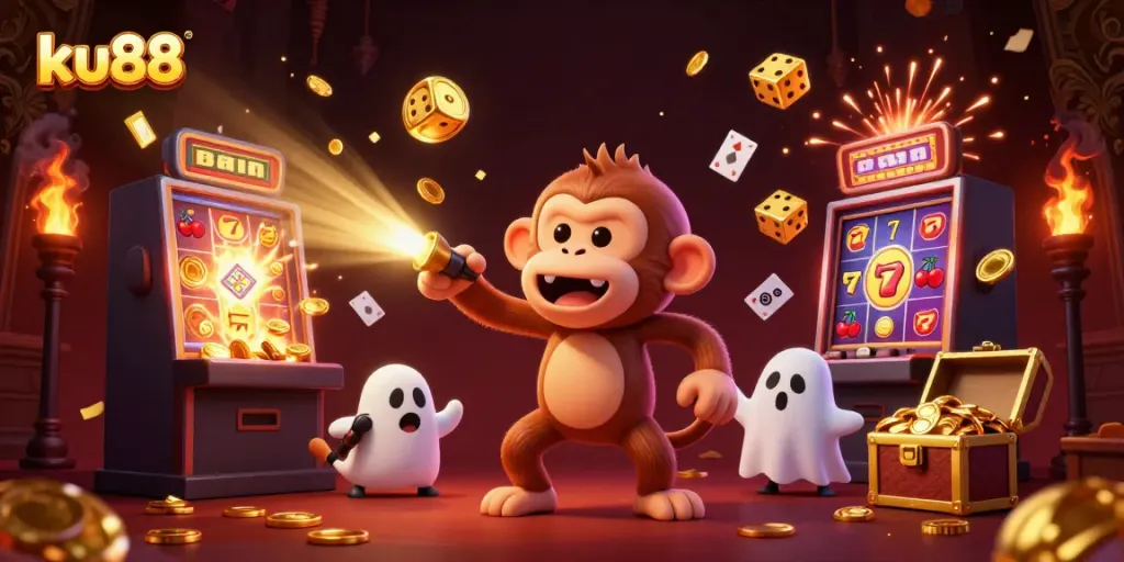 Engaging scene of ku88 featuring a playful poltergeist monkey juggling casino items in a vibrant casino setting.