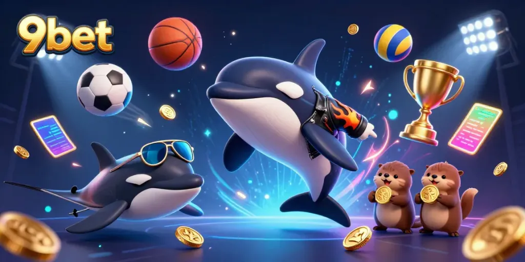 Experience the excitement of 9bet with dynamic characters and casino-themed elements in a vibrant 3D illustration.