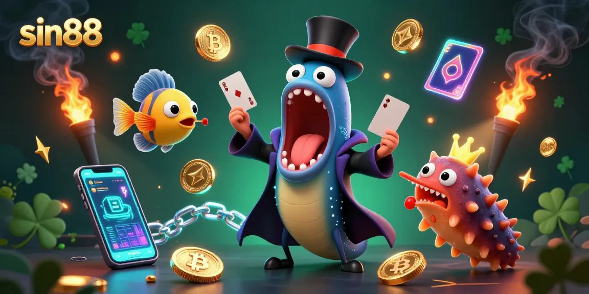 Engage with the magic of sin88 as characters perform dazzling card tricks amidst crypto coins.